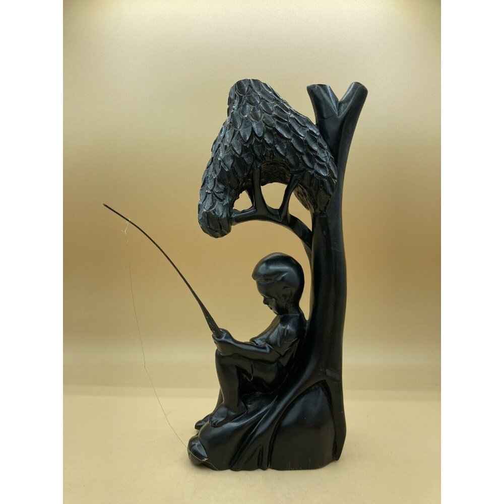 Dark Ebony Wooden Sculpture Boy Fishing Under Tree Vintage